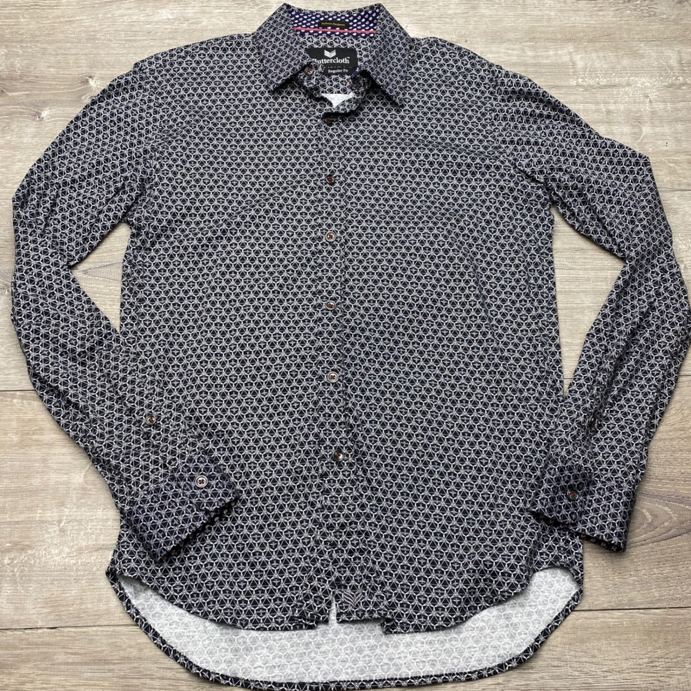 Buttercloth Shirt Robert Herjavec Mens S Navy Geometric Airplane Print Regular
